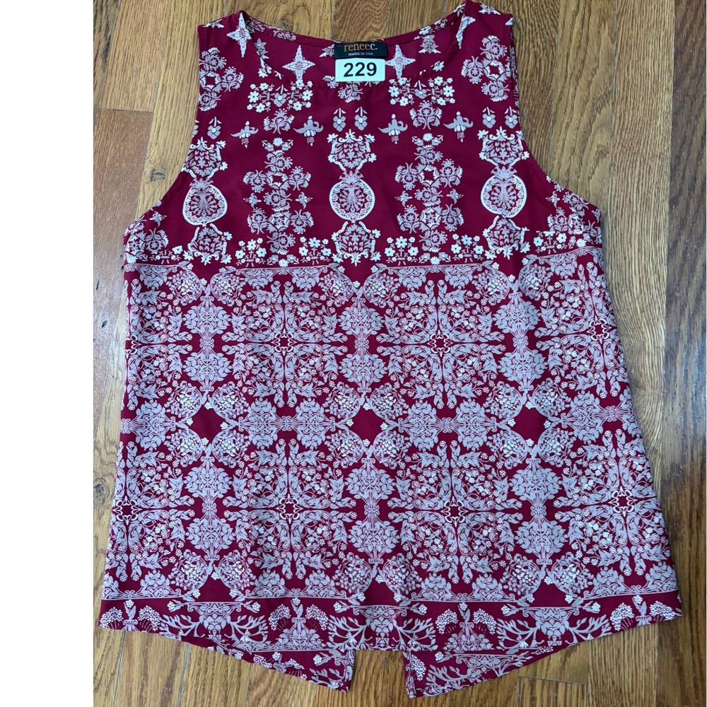 Renee C Burgundy White Damask Medallion Print Split Back Sleeveless Blouse Top
